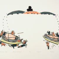 Napachie Pootoogook "Atachiealuk's Battle," 1978, stonecut & stencil, edition 11/50