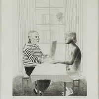 A cropped view of an etching by David Hockney, the artwork shows an artist and model seated across from each other at a table inside a private setting. The artist is wearing a striped shirt and dark pants and is holding a piece of paper in front of him. The model is a male figure with glasses, and is naked and sitting on a cushioned seat. 