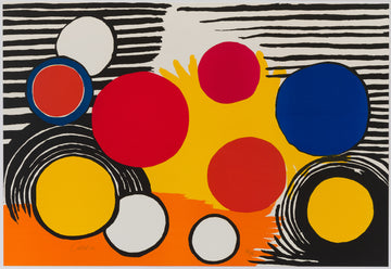 A cropped view of a print by Alexander Calder. The piece includes geometric abstraction. There are several circles in the foreground, along with black strips and semi-circle lines in the background. The piece only includes primary colours. 