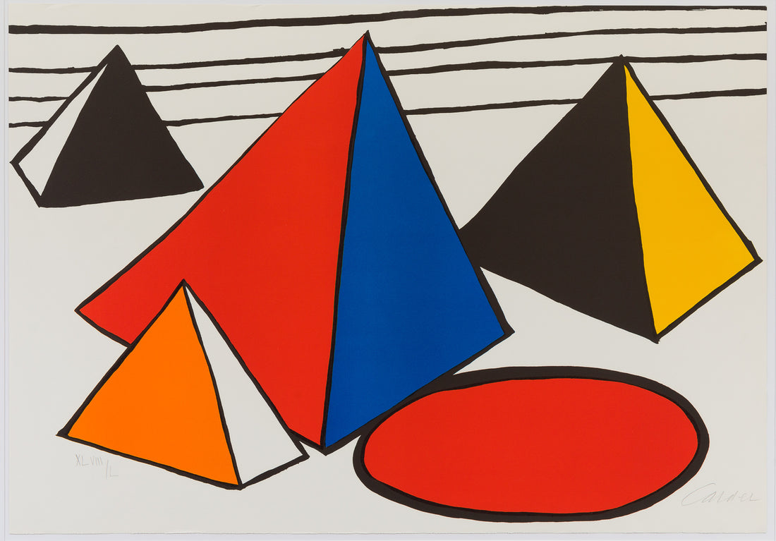 A cropped view of a print by Alexander Calder. The piece shows four abstract pyramids in various colours of red, black, orange, blue and yellow. There are black stripes in the background and a red circle with a black outline in the foreground.