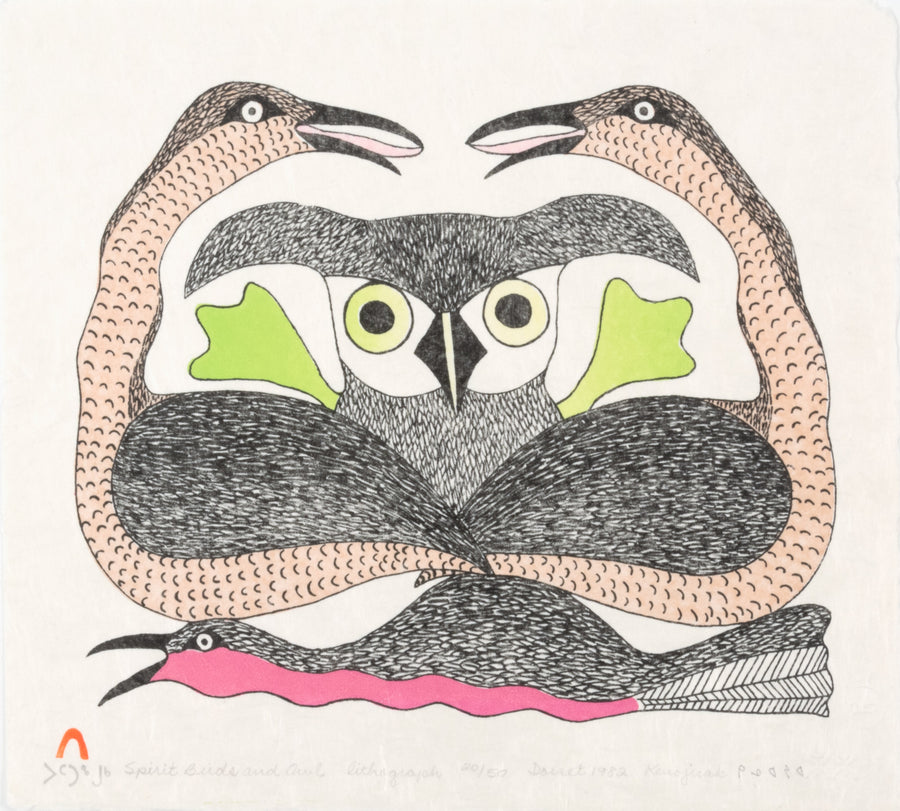 Kenojuak Ashevak "Spirit Birds and Owl," 1982, lithograph, edition 20/50