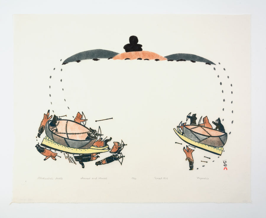 Napachie Pootoogook "Atachiealuk's Battle," 1978, stonecut & stencil, edition 11/50