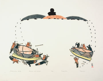 Napachie Pootoogook "Atachiealuk's Battle," 1978, stonecut & stencil, edition 11/50