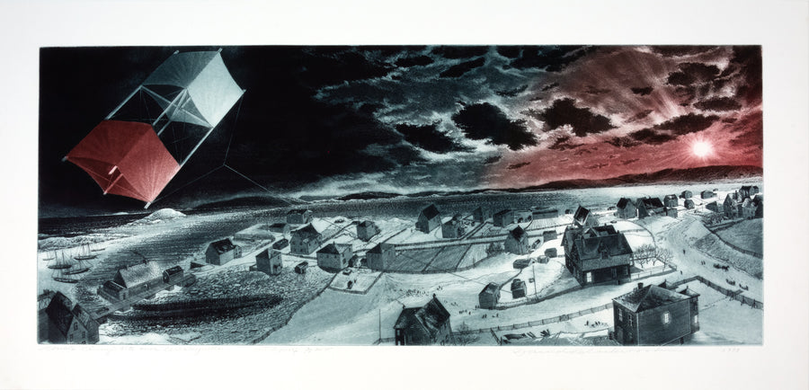 David Blackwood "Uncle Cluny's Kite over Wesleyville," 1989, lithograph, A.P 2/10 Ed. 75