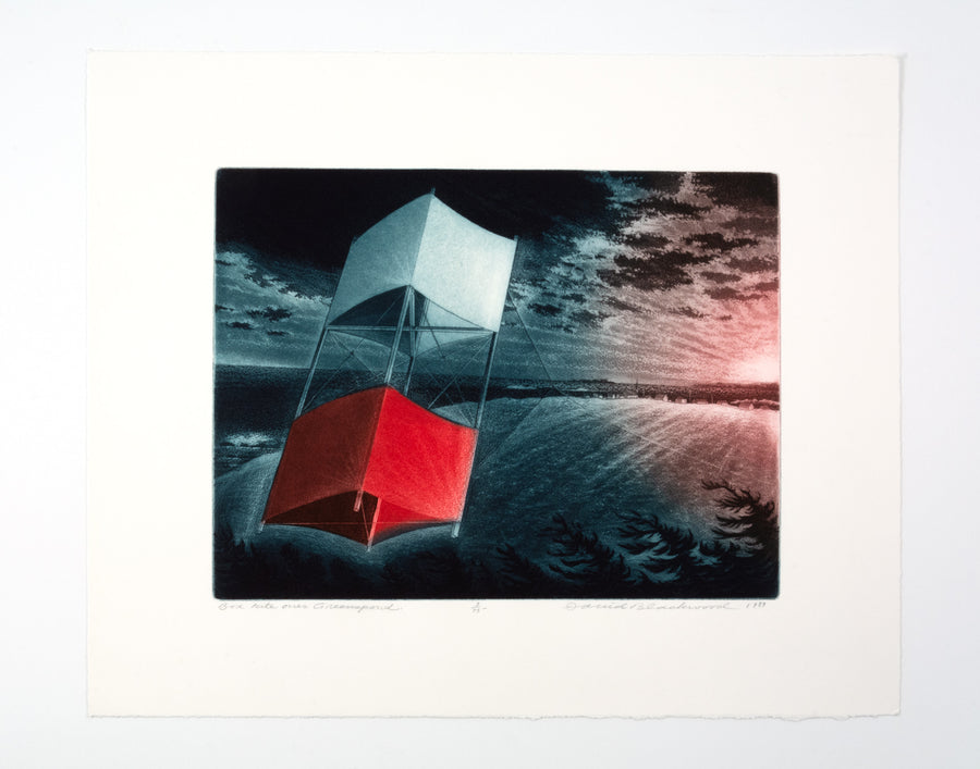 David Blackwood "Box kite over Greenspond," 1989, lithograph, edition 3/75