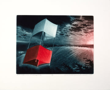 David Blackwood "Box kite over Greenspond," 1989, lithograph, edition 3/75