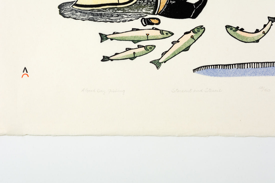 Kananginak Pootoogook "A Good Day Fishing," 1981, stonecut & stencil, edition 13/50