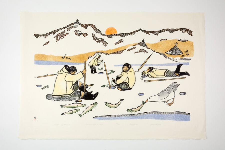 Kananginak Pootoogook "A Good Day Fishing," 1981, stonecut & stencil, edition 13/50