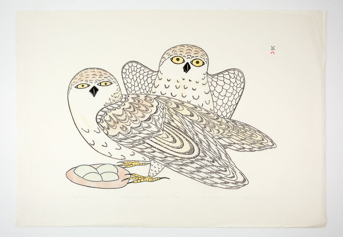 Kananginak Pootoogook "Defiant Owls," 1982, stonecut & stencil, edition 47/50