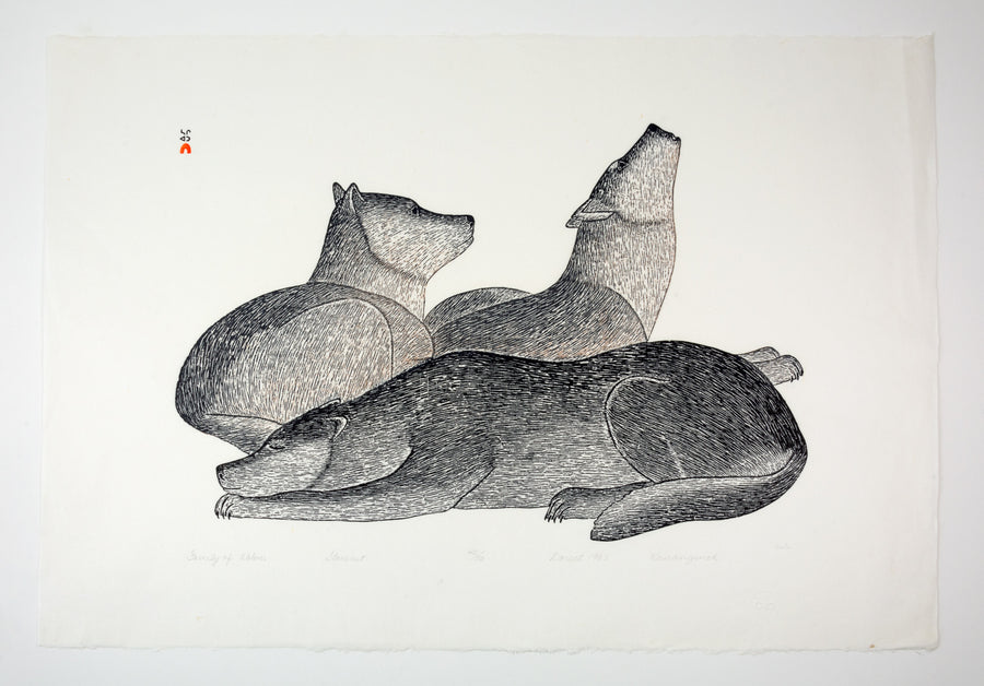 Kananginak Pootoogook "Family of Wolves," 1983, stonecut, edition 45/50