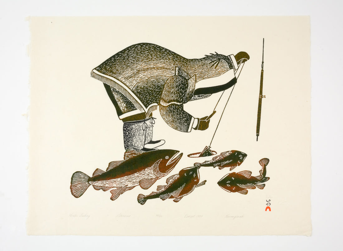 Kananginak Pootoogook "Winter Fishing," 1987, stonecut, edition 34/50