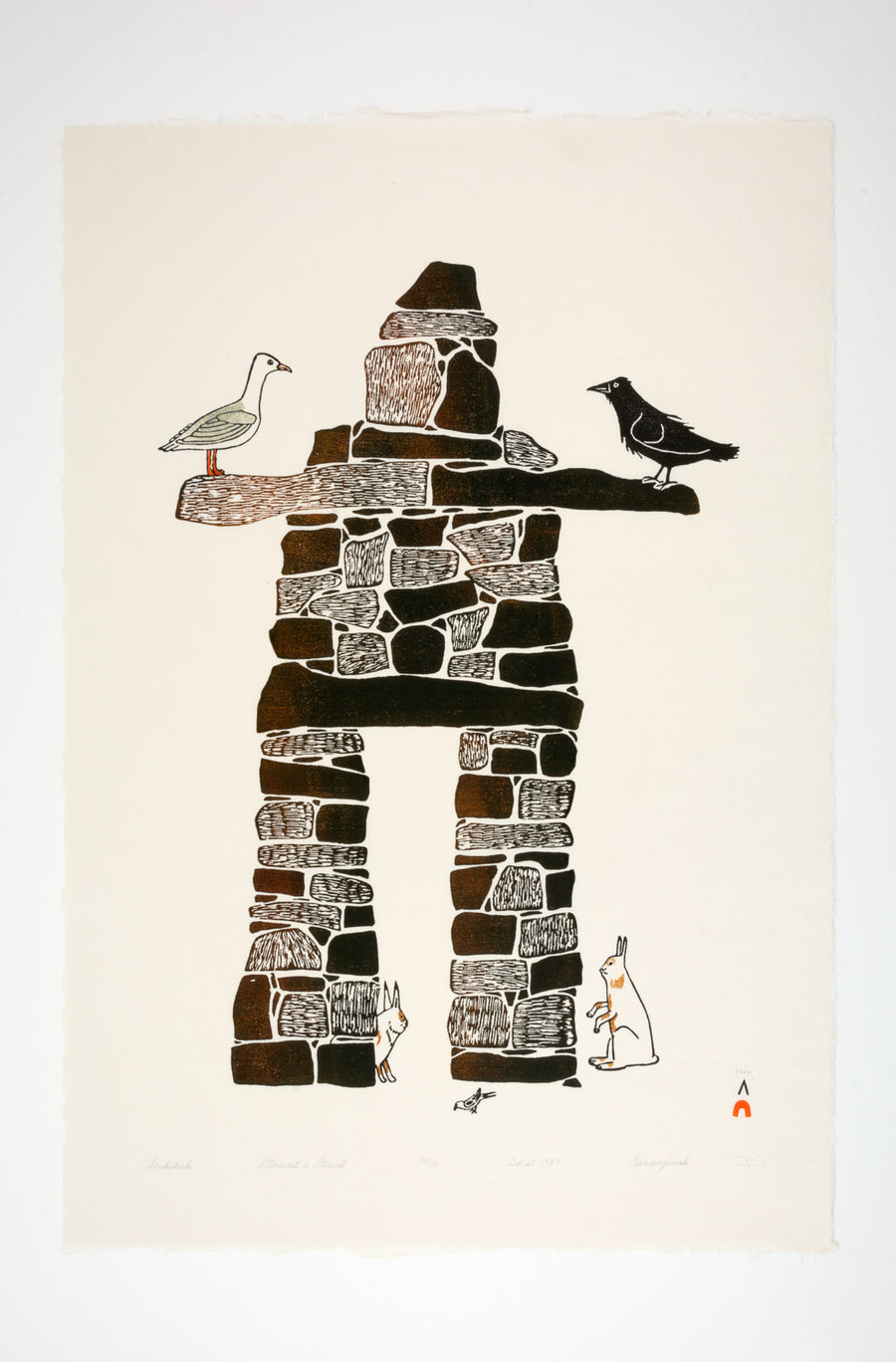 Kananginak Pootoogook "Inukshuk," 1987, stonecut & stencil, edition 34/50