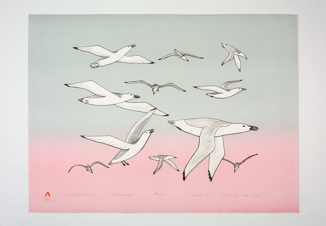 Kananginak Pootoogook "Gulls at Sunrise," 1981, colour lithograph, edition 33/50