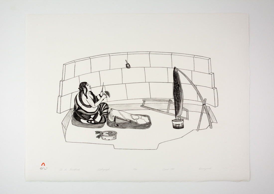 Kananginak Pootoogook "At the Windbreak," 1985, lithograph, edition 15/50