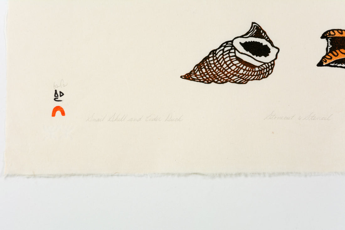 Kananginak Pootoogook "Snail Shell and Eider Duck," 1988, stonecut & stencil, edition 27/50