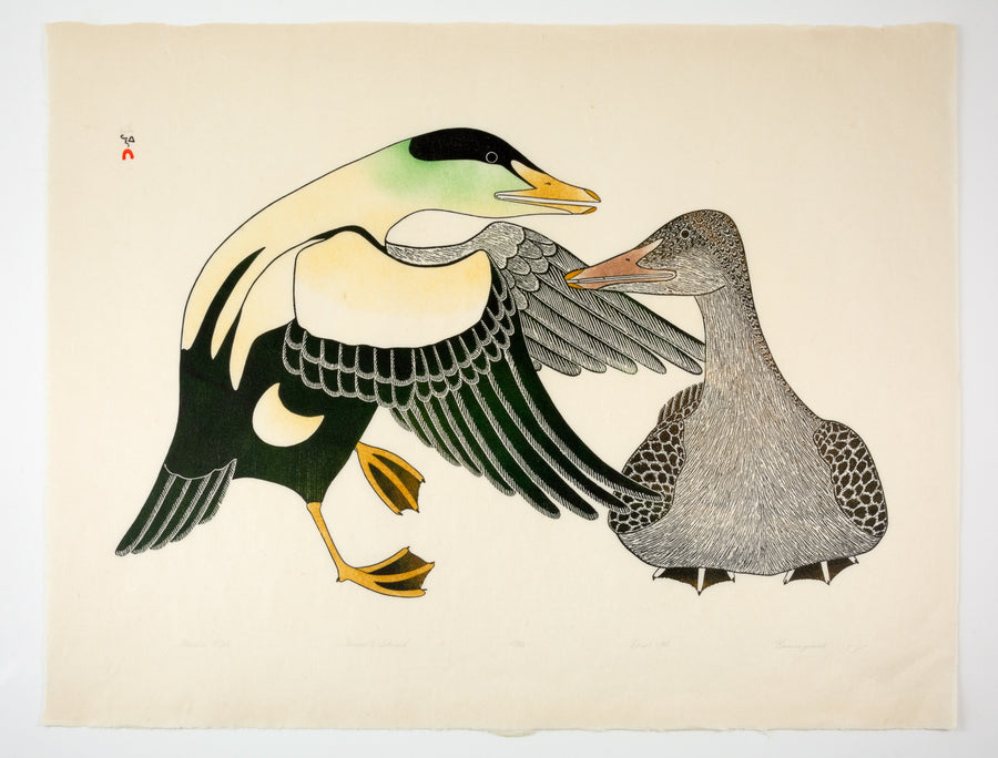 Kananginak Pootoogook "Attentive Mate," 1988, stonecut & stencil, edition 27/50