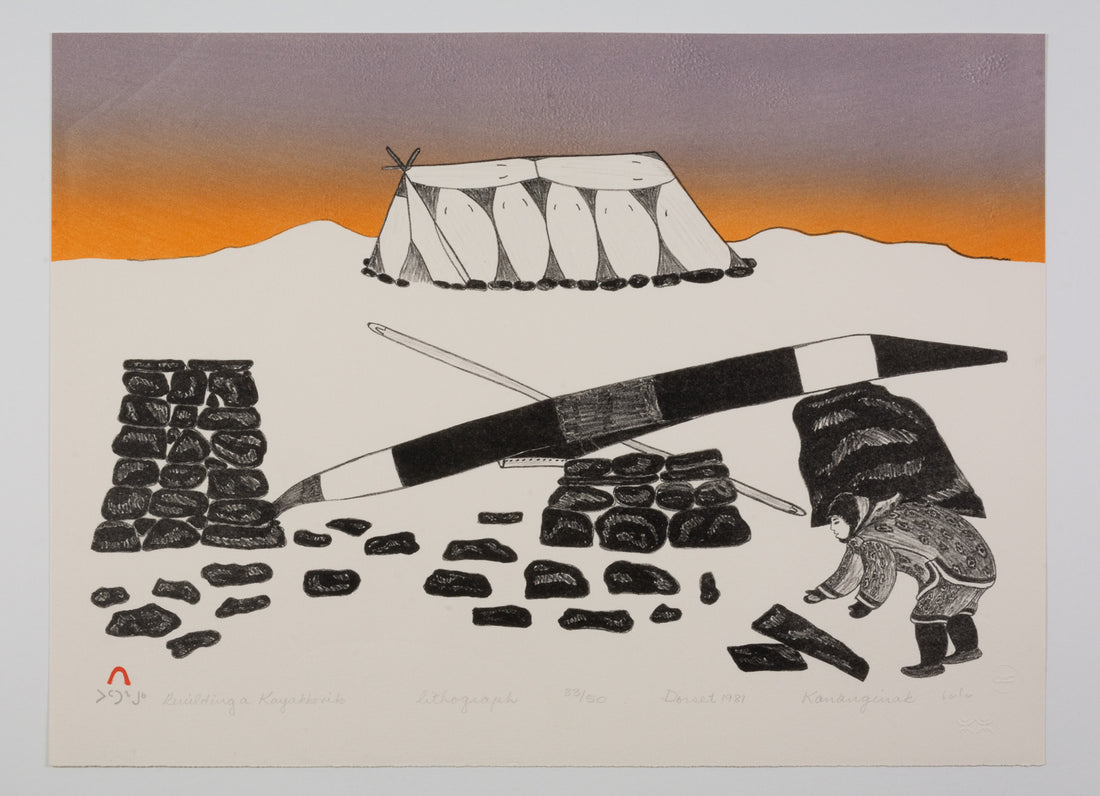 Kananginak Pootoogook "Building a Kayakkovik," 19871, lithograph, edition 33/50