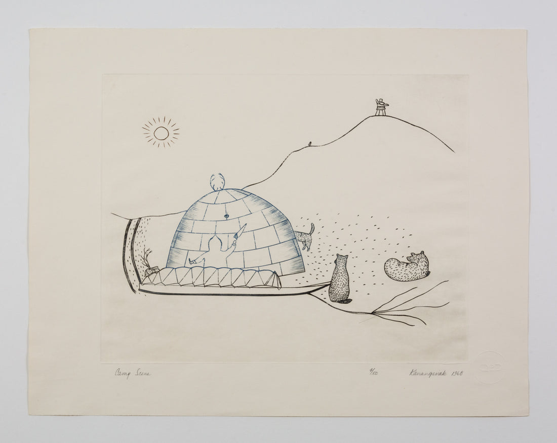 Kananginak Pootoogook "Camp Scene," 1968, engraving, edition 4/50