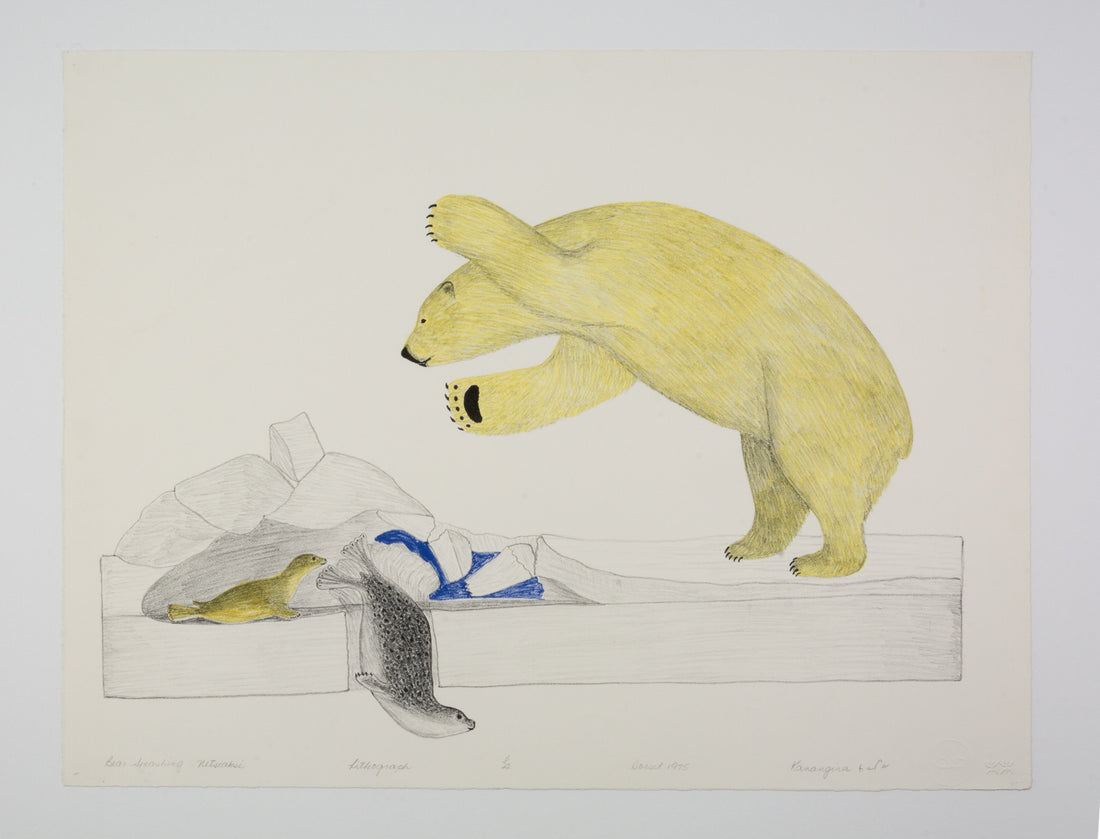 Kananginak Pootoogook "Bear Smashing Netsiaksi," 1975, lithograph, edition 11/22